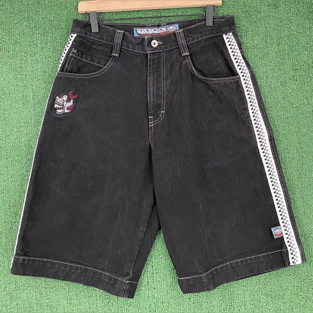 Rare VTG 90’s Jnco Piranha Check Sides Black Jean Shorts Jorts Men’s 31 USA Made